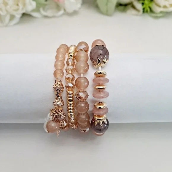 Boho Elastic Beaded gold pink Charm Bracelet Stretch multilayer set 💖2/$30 - Picture 7 of 11